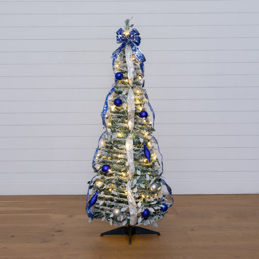 5' Pre-Lit Artificial Pop Up Flocked Christmas Tree with Silver & Blue Ornaments, Ribbons and 100 Warm White LED Lights