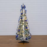 5' Pre-Lit Artificial Pop Up Flocked Christmas Tree with Silver & Blue Ornaments, Ribbons and 100 Warm White LED Lights