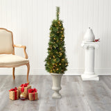 52” Green Pencil Artificial Christmas Tree with 100 Clear (Multifunction) LED Lights and 140 Bendable Branches in Sand Colored Urn