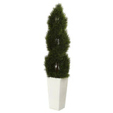 5.5’ Double Cypress Spiral Topiary Artificial Tree in White Planter (Indoor/Outdoor)