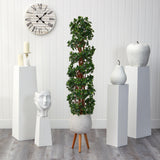 5.5’ English Ivy Topiary Spiral Artificial Tree in White Planter with Stand (Indoor/Outdoor)
