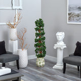 58” English Ivy Topiary Spiral Artificial Tree in Floral Print Planter (Indoor/Outdoor)