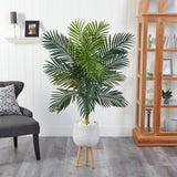 58” Golden Cane Artificial Palm Tree in White Planter with Stand