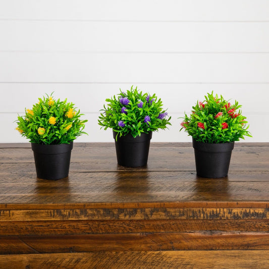 6" Artificial Mini Flowering Plant in Black Pot -Set of 3