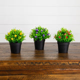 6" Artificial Mini Flowering Plant in Black Pot -Set of 3