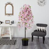 6' Cherry Blossom Artificial Tree in Black Tin Planter