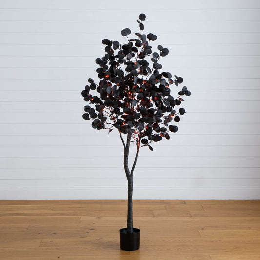 6' Pre-Lit Artificial Halloween Black Eucalyptus Tree with 300 Orange & Purple LED Lights