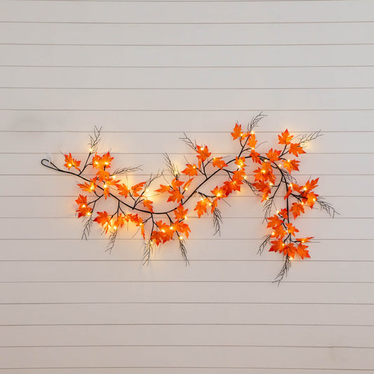 6' Pre-Lit Autumn Maple Artificial Fall Garland with 54 Warm White LED Lights