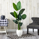 63” Traveler's Palm Artificial Tree in White Planter