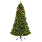 7’ Aberdeen Spruce Artificial Christmas Tree with 500 Clear LED Lights, Pine Cones and Red Berries