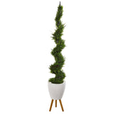 75” Cypress Artificial Spiral Tree in White Planter with Stand