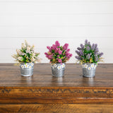 8” Artificial Lush Mixed Lavender Plant in Decorative Daisy Tin Planter -Set of 3