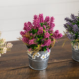 8” Artificial Lush Mixed Lavender Plant in Decorative Daisy Tin Planter -Set of 3
