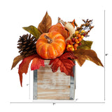 8” Fall Pumpkin, Gourd, Berries and Pinecones Artificial Autumn Arrangement in Natural Washed Vase