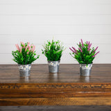 9” Artificial Lavender Plant in Decorative Daisy Tin Planter -Set of 3