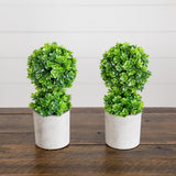 9" Artificial Mini Eucalyptus Ball Topiary in Cement Planter -Set of 2