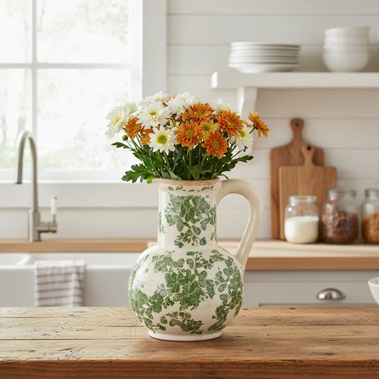 9” Floral Tuscan Ceramic Green Scroll Jar