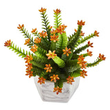 Flowering Sedum Artificial Plant in Marble Vase