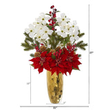 Poinsettia, Dogwood, Holly Berry and Pine Artificial Arrangement in Gold Vase