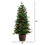 Pre-Lit Artificial Christmas Holiday 5 Piece Bundle with Pinecones & Berries- Set of 2 5' Christmas Trees, 24-in Wreath and set of 2 9-ft Garlands
