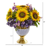 Sunflower and Lilac Artificial Arrangement in Stoneware Urn with Gold Trimming