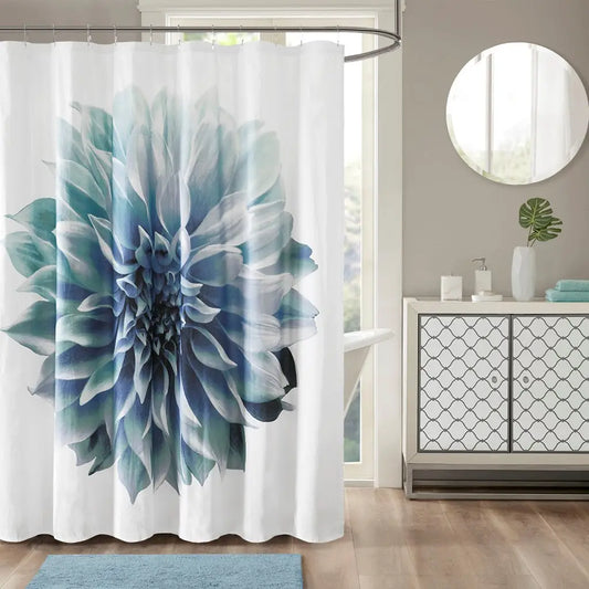 Wholesale Large Floral Cotton Percale Shower Curtain, Aqua Blue