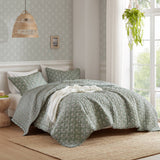 3pc Ruffle Printed Vermicelli Stitched Quilt Set, Sage Green