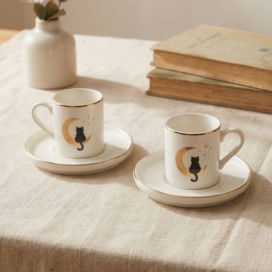 Moon Cat Gold Rim Porcelain Espresso Cup Set