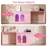 Rotatable L-Shaped Vanity Desk with Led Light, Double Arched