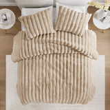 3 Piece Ultra Soft Faux Fur Ribbed Comforter Set, Taupe