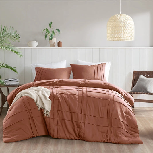 Grid Textured Soft Washed Pleated Comforter Set, Clay