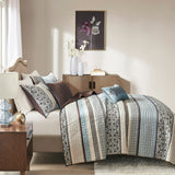 5 Piece Medallion Reversible Jacquard Quilt Set, Blue