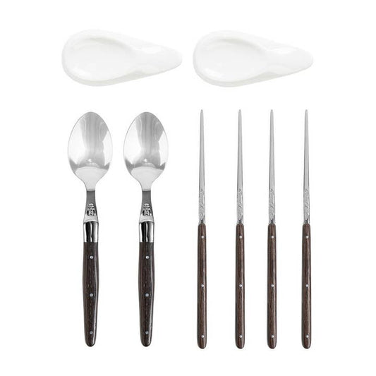 Wenge Wood Chopsticks, Laguiole Spoons & Ceramic Rests Set