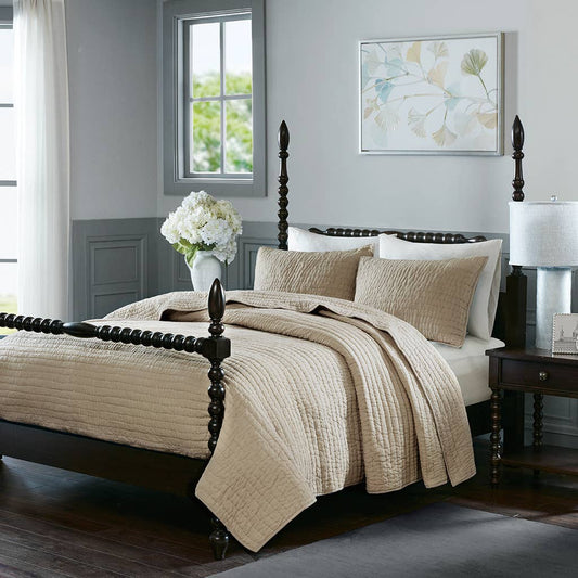 3 Piece Hand Quilted Cotton Quilt Set, Linen