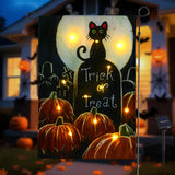 Solar Halloween Garden Flag 12x18 - Black Cat & Pumpkin, Led