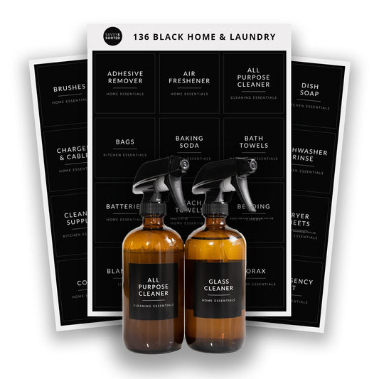 Black Home Laundry Labels 136 Pack Minimalist