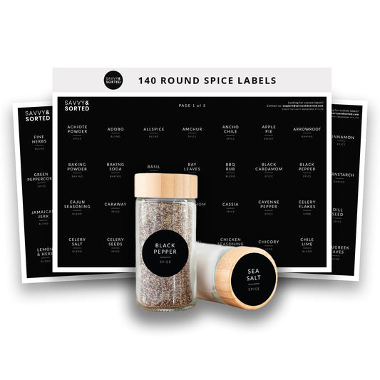 Black Round Spice Labels for Lids 140 Pack