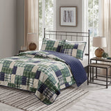 3 Piece Reversible Patchwork Printed Quilt Set, Green / Navy