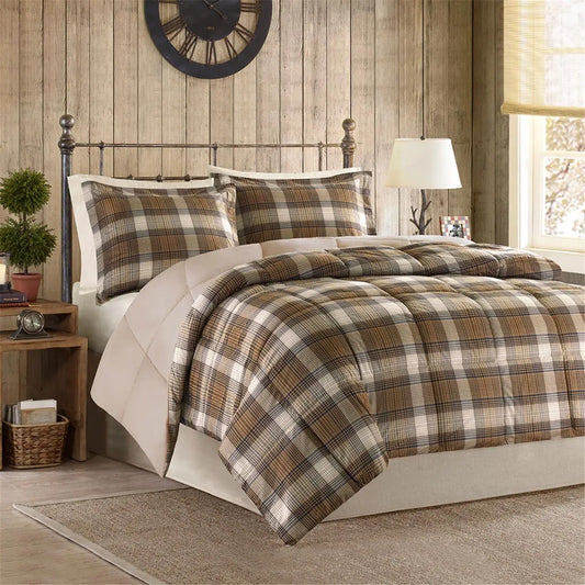 3pc Khaki Cabin Plaid Quilted Down Alternative Comforter Set
