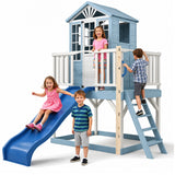9-in-1 Wooden Playhouse Slide Kitchen Sandbox, Blue