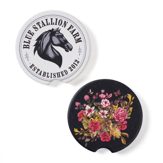 Black Floral Bouquet Ceramic Car Coasters Set of 2