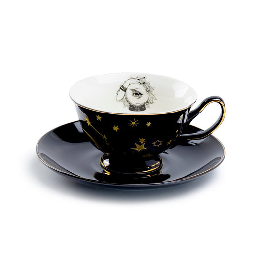 Witchy Crystal Ball Black Gold Tea Cup & Saucer
