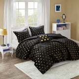 Gold Metallic Printed Plush Comforter Set, Black