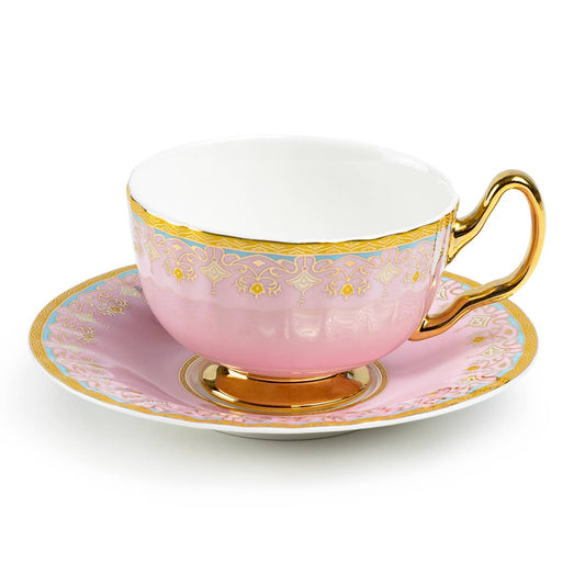 Pink Floral Toile Porcelain Tea Cup & Saucer 6oz
