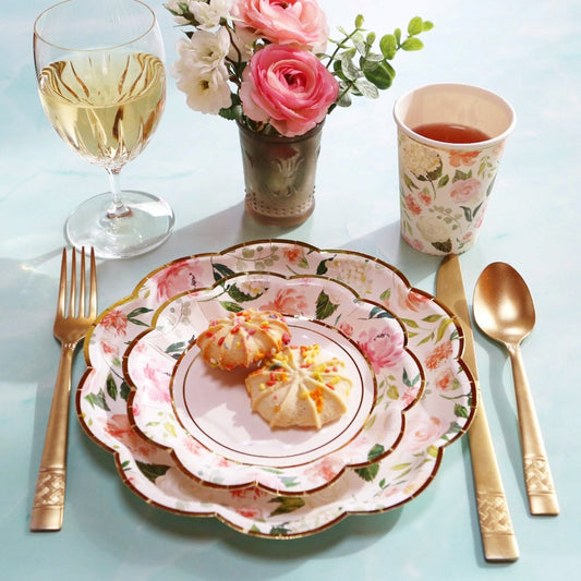 Pink Floral Brunch 62-Piece Disposable Tableware Set