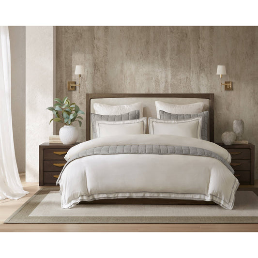 Refined Embroidered Linen Blend Duvet Cover Set, White/Gray