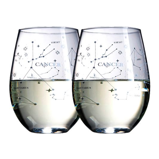 Set of 2 Zodiac Sign Wine Glasses with 2 Wooden Coasters (Cancer)