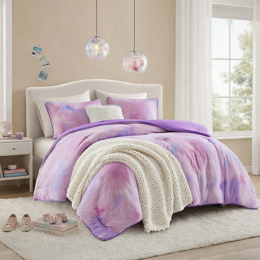 Watercolor Tie Dye Comforter Set with Throw Pillow, Purple