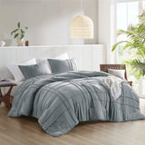 Grid Textured Soft Washed Pleated Comforter Set, Blue/Grey