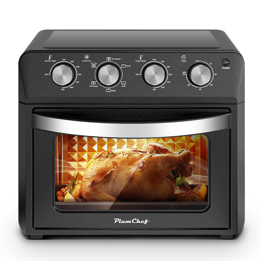 Plum Chef 27.5QT Air Fryer Toaster Oven Combo, 6-in-1 Countertop Convection Oven with Air Fry, Bake, Broil, Toast, Warm & Dehydrate, Includes Tray & Rack, Family Size, Stainless Steel Door, Black